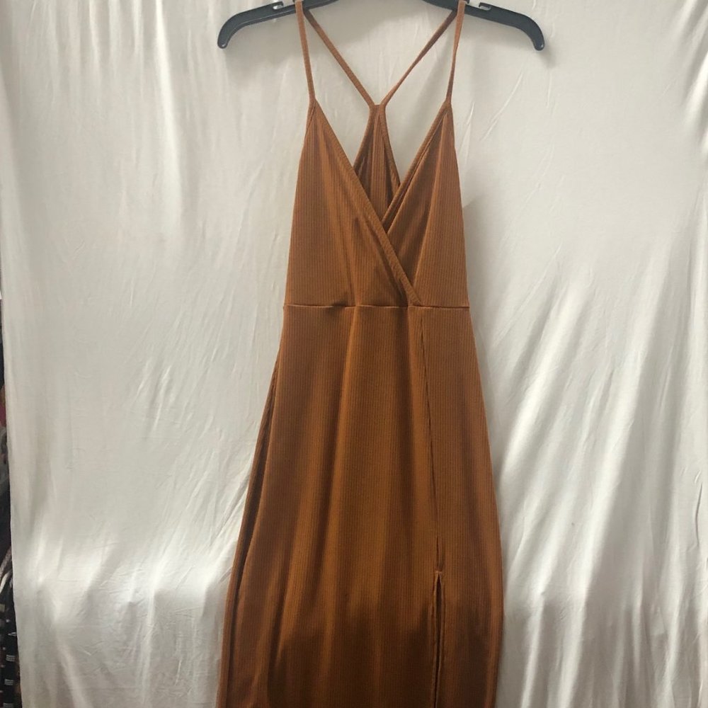 Publik ribbed mustard strappy midi dress